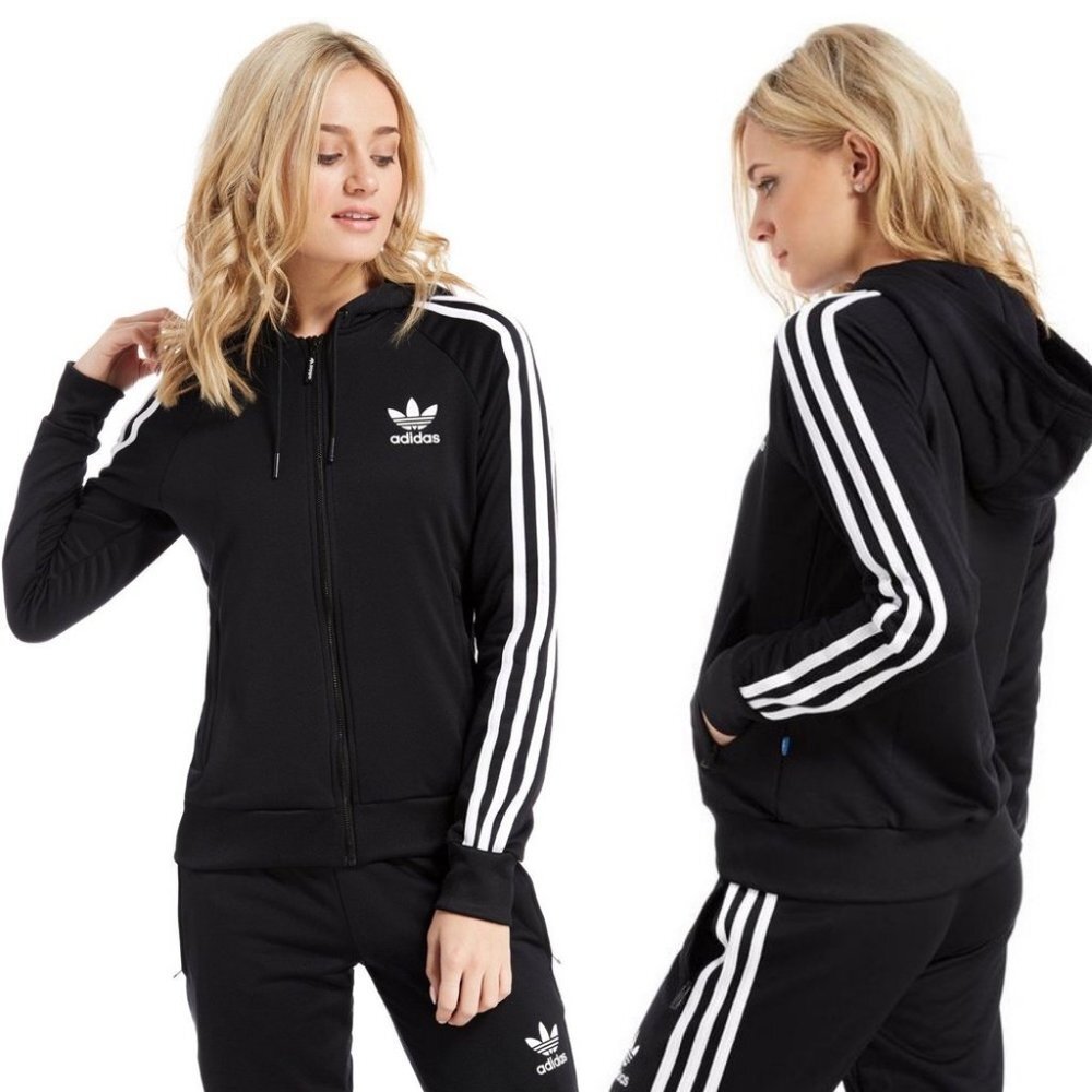 Adidas Black Full Zip Track Jacket Size S White Trefoil Stripes Zipper Cotton